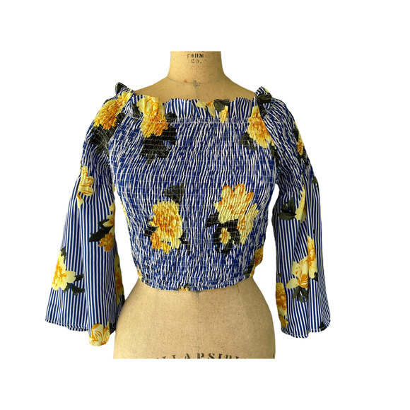 Speed Limit Women's Smocked Floral Striped Cropped Blouse Bell Sleeve L - Picture 5 of 8